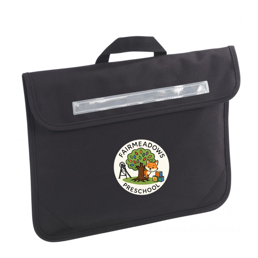 Fairmeadows Pre-School Black Book Bag 2025 Logo